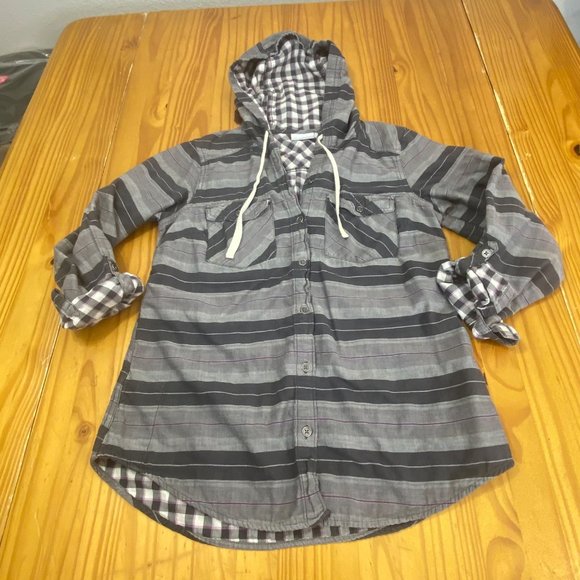 Columbia Women Button Up Hooded Cotton Flannel Shirt S Cotton Purple Gray Plaid - Picture 10 of 11